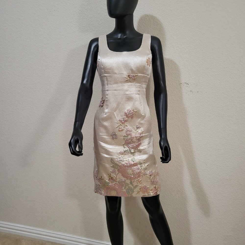 Mac Duggal Floral Champagne Sheath Dress Size 12 Cocktail Wedding Feminine